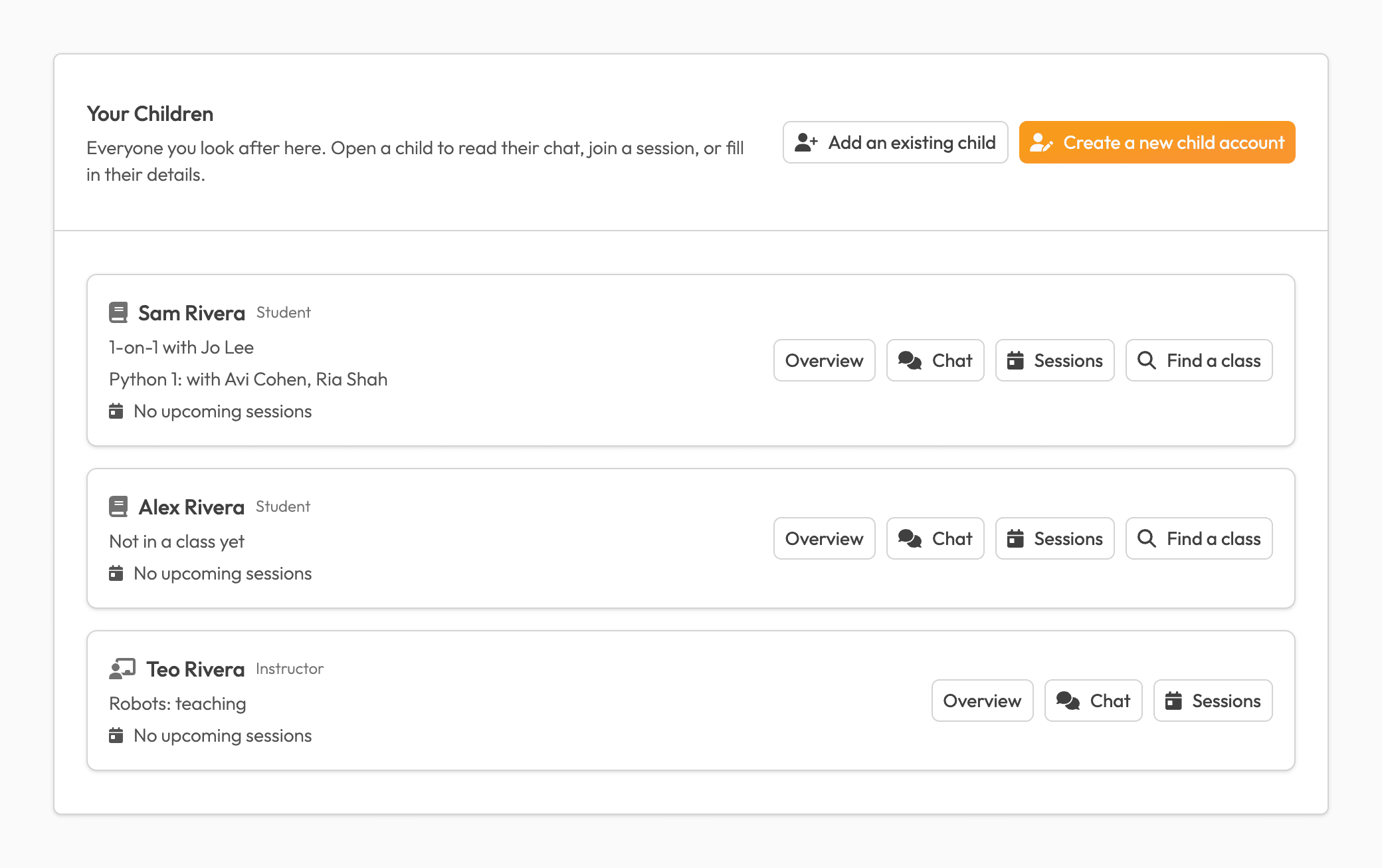 A parent's Your Children page in the Peer Programming app: three linked children, each with their 1-on-1 or classes and buttons to open their overview, chat and sessions.